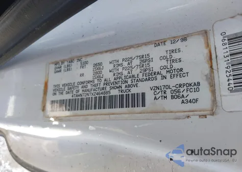 1999 Toyota Tacoma z USA, uszkodzony, nr VIN 4TAWN72N7XZ464885